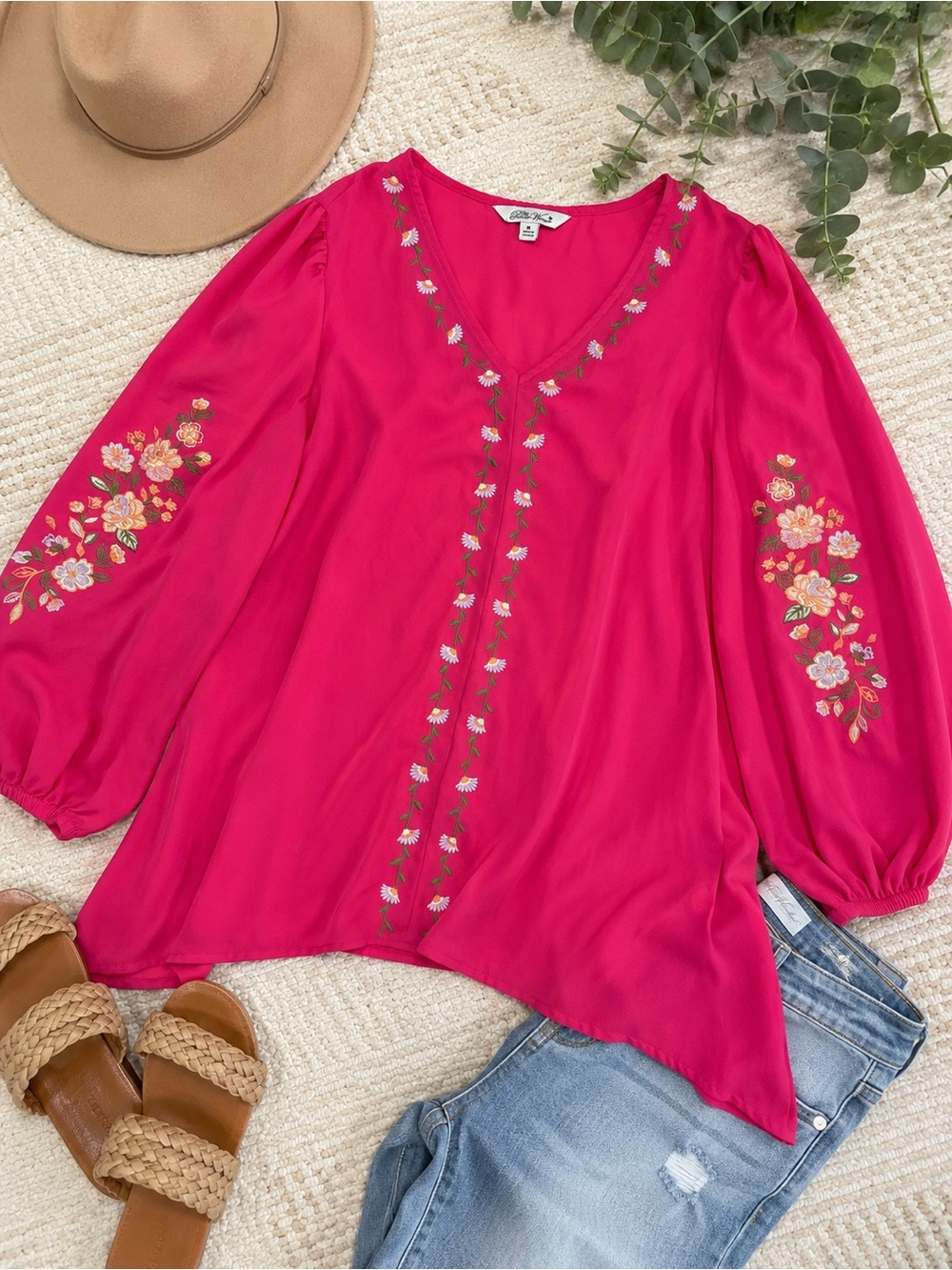 The Pioneer Woman Embroidered Floral Boho Blouse Pink Medium